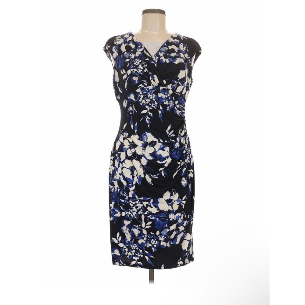 LAUREN RALPH LAUREN $129 Blue Stretchy Floral Faux Wrap Dress Sz 16 Cocktail